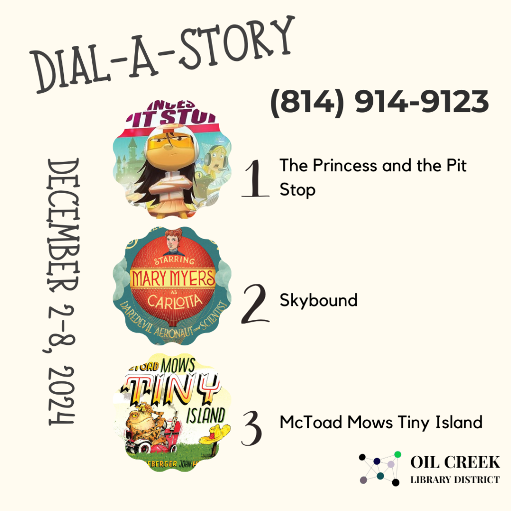 We have vehicles for this week's Dial-A-Story lineup - racecars, hot air balloons, and lawn mowers take the stage!
Call (814) 914-9123 24/7 or listen online at oilcreek.org!
Option 1: The Princess and the Pit Stop
Option 2: Skybound
Option 3: McToad Mows Tiny Island