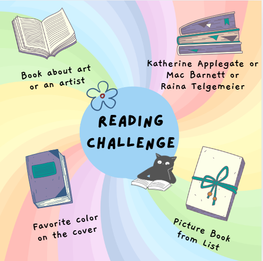 Reading Challenge:
1. Book about art or an artist
2. Book written by Katherine Applegate or Mac Barnett or Raina Telgemeier
3. Favorite Color on the cover
4. Picture book from the list