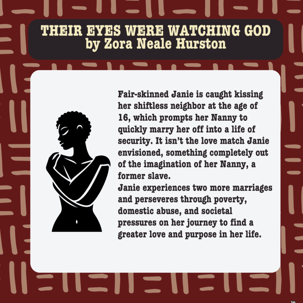 Fair-skinned Janie is caught kissing her shiftless neighbor at the age of 16, which prompts her Nanny to quickly marry her off into a life of security. It isn’t the love match Janie envisioned, something completely out of the imagination of her Nanny, a former slave. 
Janie experiences two more marriages and perseveres through poverty, domestic abuse, and societal pressures on her journey to find a greater love and purpose in her life.