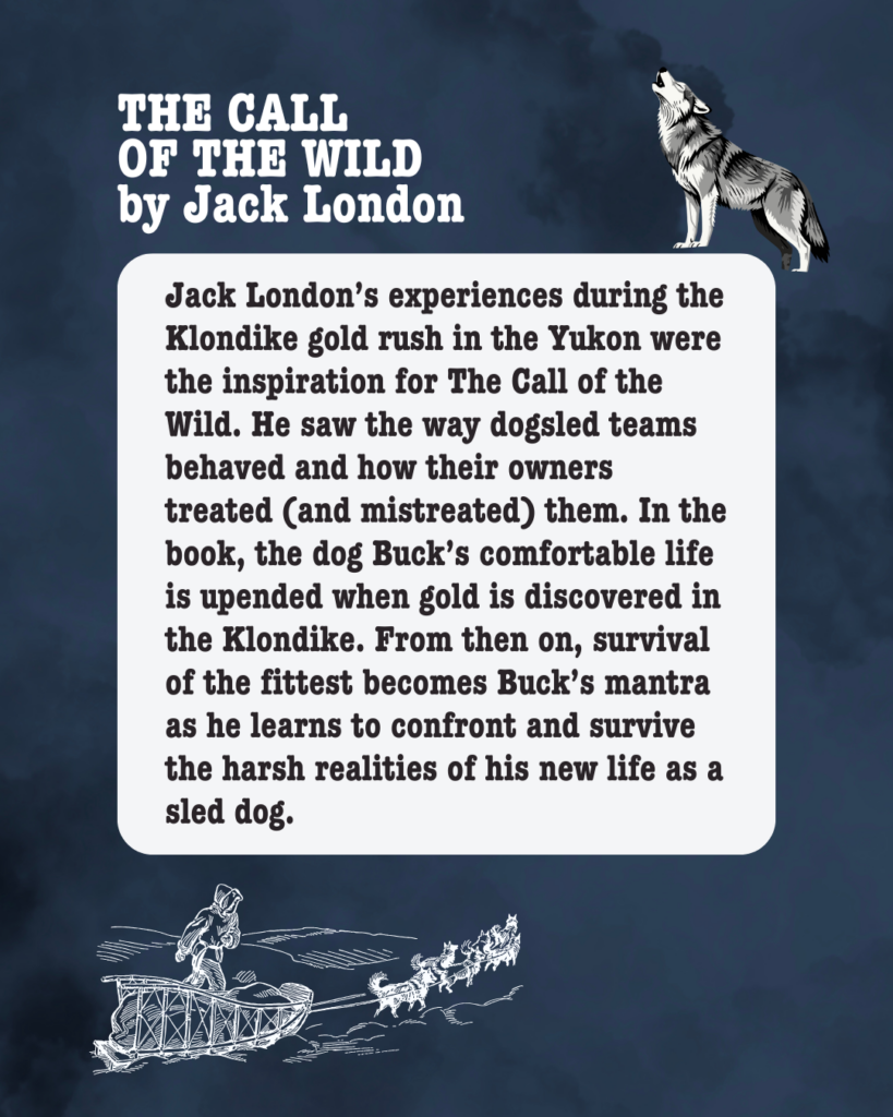 Jack London’s experiences during the Klondike gold rush in the Yukon were the inspiration for The Call of the Wild. He saw the way dogsled teams behaved and how their owners treated (and mistreated) them. In the book, the dog Buck’s comfortable life is upended when gold is discovered in the Klondike. From then on, survival of the fittest becomes Buck’s mantra as he learns to confront and survive the harsh realities of his new life as a sled dog.