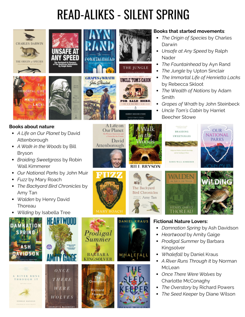 Books that started movements:
The Origin of Species by Charles Darwin
Unsafe at Any Speed by Ralph Nader
The Fountainhead by Ayn Rand
The Jungle by Upton Sinclair
The Immortal Life of Henrietta Lacks by Rebecca Skloot
The Wealth of Nations by Adam Smith
Grapes of Wrath by John Steinbeck
Uncle Tom’s Cabin by Harriet Beecher Stowe
Books about nature:
A Life on Our Planet by David Attenborough
A Walk in the Woods by Bill Bryson
Braiding Sweetgrass by Robin Wall Kimmerer
Our National Parks by John Muir
Fuzz by Mary Roach
The Backyard Bird Chronicles by Amy Tan
Walden by Henry David Thoreau
Wilding by Isabella Tree
Fictional Nature Lovers:
Damnation Spring by Ash Davidson
Heartwood by Amity Gaige
Prodigal Summer by Barbara Kingsolver
Whalefall by Daniel Kraus
A River Runs Through It by Norman McLean
Once There Were Wolves by Charlotte McConaghy
The Overstory by Richard Powers
The Seed Keeper by Diane Wilson