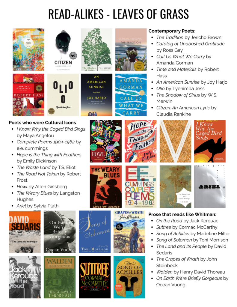 Contemporary Poets:
The Tradition by Jericho Brown
Catalog of Unabashed Gratitude by Ross Gay
Call Us What We Carry by Amanda Gorman
Time and Materials by Robert Hass
An American Sunrise by Joy Harjo
Olio by Tyehimba Jess
The Shadow of Sirius by W.S. Merwin
Citizen: An American Lyric by Claudia Rankine
Poets who were Cultural Icons:
I Know Why the Caged Bird Sings by Maya Angelou
Complete Poems 1904-1962 by e.e. cummings
Hope is the Thing with Feathers by Emily Dickinson
The Waste Land by T.S. Eliot
The Road Not Taken by Robert Frost
Howl by Allen Ginsberg
The Weary Blues by Langston Hughes
Ariel by Sylvia Plath
Prose that reads like Whitman:
On the Road by Jack Kerouac
Suttree by Cormac McCarthy
Song of Achilles by Madeline Miller
Song of Solomon by Toni Morrison
The Land and Its People by David Sedaris
The Grapes of Wrath by John Steinbeck
Walden by Henry David Thoreau
On Earth We’re Briefly Gorgeous by Ocean Vuong