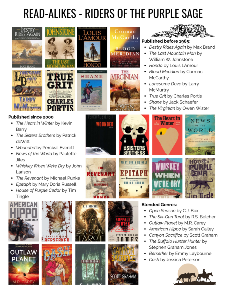 Published before 1985:
Destry Rides Again by Max Brand
The Last Mountain Man by William W. Johnstone
Hondo by Louis L’Amour
Blood Meridian by Cormac McCarthy
Lonesome Dove by Larry McMurtry
True Grit by Charles Portis
Shane by Jack Schaefer
The Virginian by Owen Wister
Published since 2000:
The Heart in Winter by Kevin Barry
The Sisters Brothers by Patrick deWitt
Wounded by Percival Everett
News of the World by Paulette Jiles
Whiskey When We’re Dry by John Larison
The Revenant by Michael Punke
Epitaph by Mary Doria Russell
House of Purple Cedar by Tim Tingle
Blended Genres:
Open Season by C.J. Box
The Six-Gun Tarot by R.S. Belcher
Outlaw Planet by M.R. Carey
American Hippo by Sarah Gailey
Canyon Sacrifice by Scott Graham
The Buffalo Hunter Hunter by Stephen Graham Jones
Berserker by Emmy Laybourne
Cash by Jessica Peterson