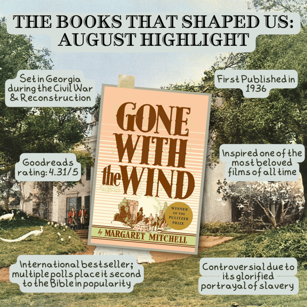 Books that Shaped Us: August Gone with the Wind by Margaret Mitchell Set in Georgie during the Civil War & Reconstruction First Published in 1936 Goodreads Rating: 4.31/5 Inspired one of the most beloved films of all time International bestseller; multiple polls place it second to the Bible in popularity Controversial due to its glorified portrayal of slavery