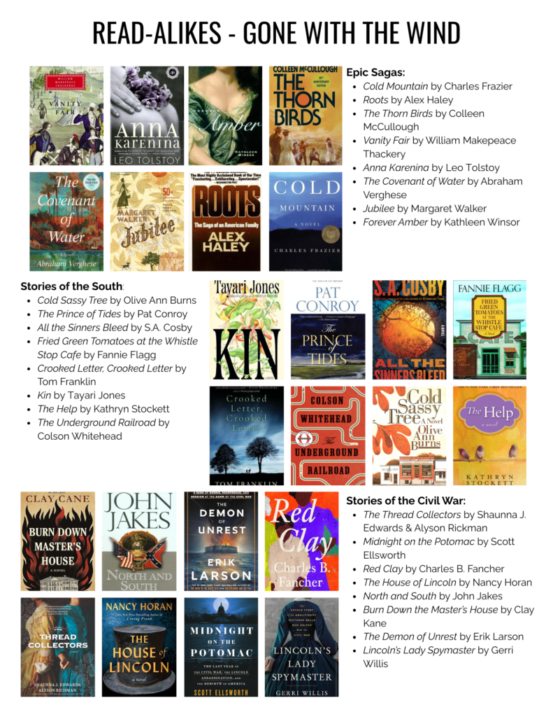 Read-Alikes - Gone with the Wind Epic Sagas: 1. Cold Mountain by Charles Frazier 2. Roots by Alex Haley 3. The Thorn Birds by Colleen McCullough 4. Vanity Fair by William Makepeace Thackery 5. Anna Karenina by Leo Tolstoy 6. The Covenant of Water by Abraham Verghese 7. Jubilee by Margaret Walker 8. Forever Amber by Kathleen Winsor Stories of the South: 1. Cold Sassy Tree by Olive Ann Burns 2. The Prince of Tides by Pat Conroy 3. All the Sinners Bleed by S.A. Cosby 4. Fried Green Tomatoes at the Whistle Stop Cafe by Fannie Flagg 5. Crooked Letter, Crooked Letter by Tom Franklin 6. Kin by Tayari Jones 7. The Help by Kathryn Stockett 8. The Underground Railroad by Colson Whitehead Stories of the Civil War: 1. The Thread Collectors by Shaunna J. Edwards & Alyson Rickman 2. Midnight on the Potomac by Scott Ellsworth 3. Red Clay by Charles B. Fancher 4. The House of Lincoln by Nancy Horan 5. North and South by John Jakes 6. Burn Down the Master’s House by Clay Kane 7. The Demon of Unrest by Erik Larson 8. Lincoln’s Lady Spymaster by Gerri Willis